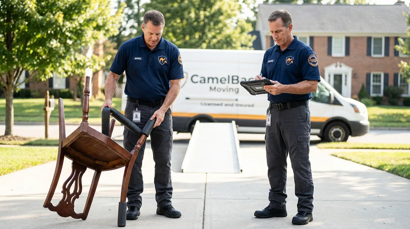 Movers inspecting furniture for damage prevention before loading in Pigeon Forge, TN